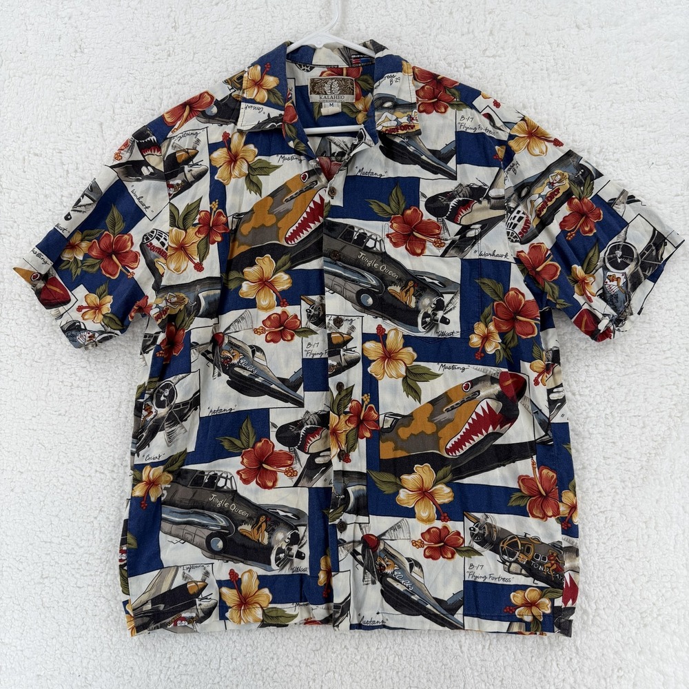 Kalaheo Camp Shirt Mens Medium Blue Hawaiian Aloha Airplane Hibiscus Made USA‎